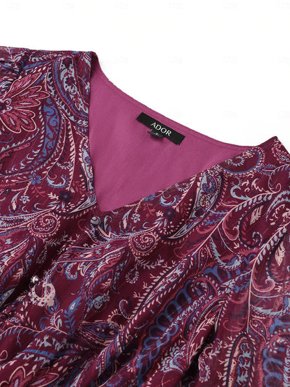 Women's Paisley Metallic Crinkle Chiffon Elastic Waist Midi Dress