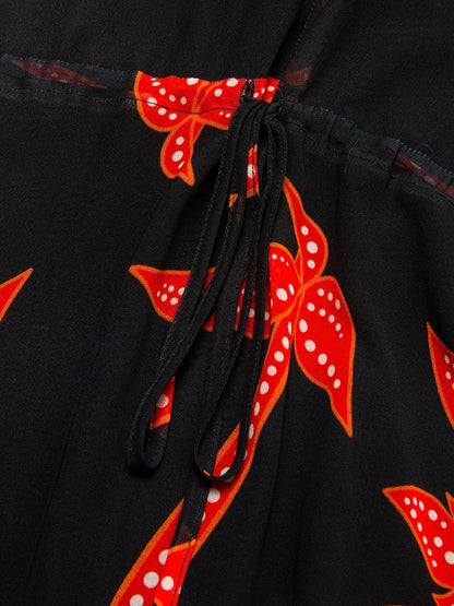 Chiffon Leaf Flower Print V Neck Maxi Dress