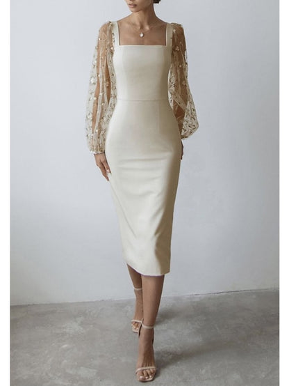 Women's Dress - Semi Formal Party Dress Sheath Dress Midi Dress Black White Long Sleeve Floral Mesh Fall Spring Square Neck Winter Dress Wedding Guest Mesh S M L XL