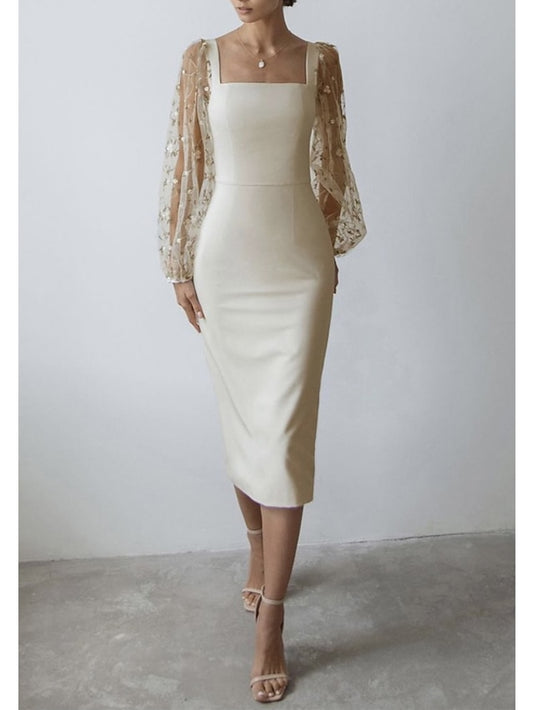 Women's Dress - Semi Formal Party Dress Sheath Dress Midi Dress Black White Long Sleeve Floral Mesh Fall Spring Square Neck Winter Dress Wedding Guest Mesh S M L XL