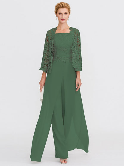 Jumpsuit / Pantsuit Mother of the Bride Dress Formal Plus Size Elegant Square Neck Floor Length Chiffon Corded Lace Sleeveless Wrap Included with Lace Appliques 2023 - LuckyFash™