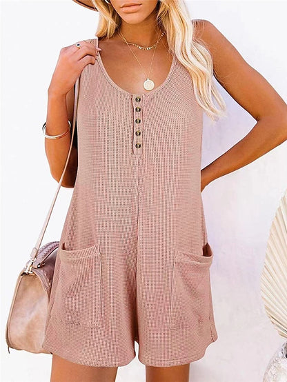 Jumpsuits for Women Summer Overall Button Pocket Solid Color U Neck Basic Daily Vacation Regular Fit Sleeveless Black Pink Wine S M L Spring - LuckyFash™