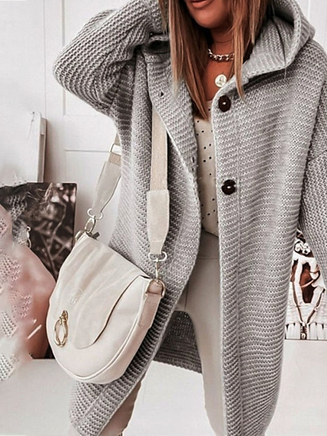 Women's Cardigan Sweater Jumper Knit Button Knitted Solid Color Hooded Stylish Casual Daily Weekend Winter Fall Green Pink S M L / Long Sleeve / Regular Fit