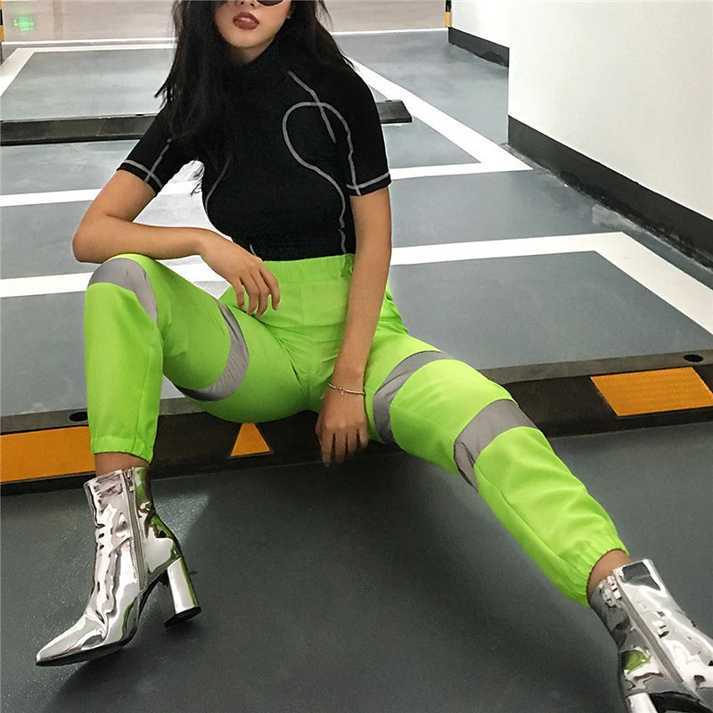 Women's Fashion Jogger Chinos Jogging Pants Side Pockets Elastic Waist Reflective Strip Ankle-Length Pants Casual Weekend Plain Comfort Mid Waist Green S M L XL