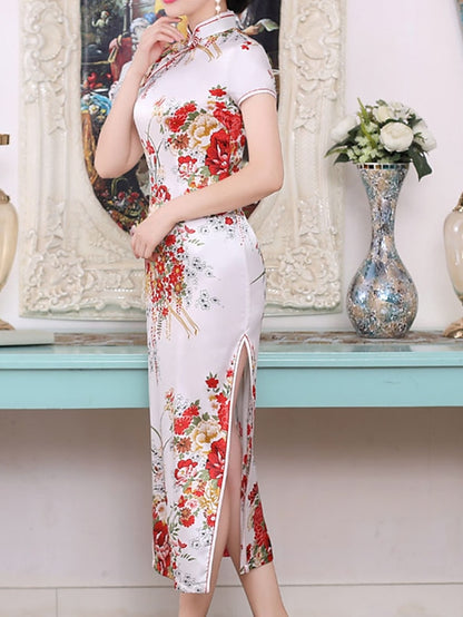 Women's Dress - Cheongsam Floral Mandarin Collar Chinoiserie Dress Long Dress Maxi Dress Light Pink Black Blue Short Sleeve Spring Summer Weekend S M L XL XXL 3XL 4XL 5XL 6XL