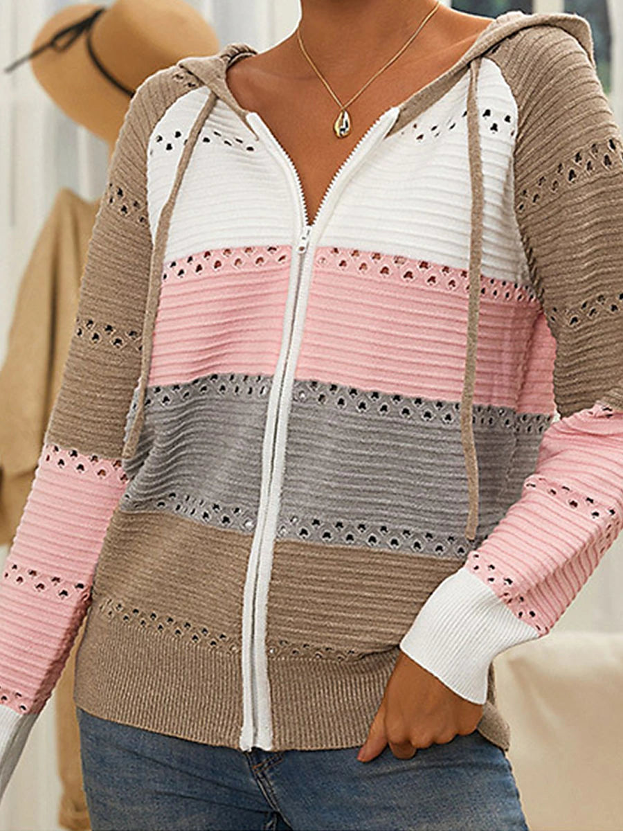 Women's Cardigan Sweater Hooded Ribbed Knit Acrylic Patchwork Zipper Hooded Spring Fall Outdoor Daily Going out Stylish Casual Soft Long Sleeve Color Block Black Pink Gray S M L
