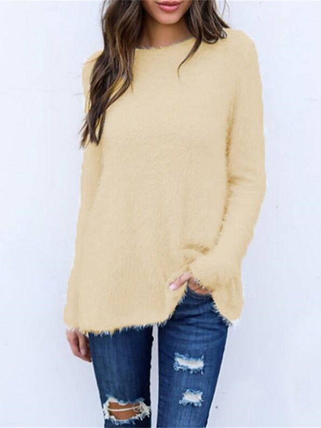 Women's Pullover Sweater Jumper Crew Neck Ribbed Knit Cotton Oversized Fall Winter Regular Outdoor Daily Holiday Stylish Casual Soft Long Sleeve Solid Color Black White Yellow S M L