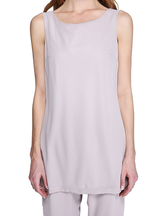 Jumpsuit / Pantsuit Mother of the Bride Dress Plus Size Elegant Bateau Neck Floor Length Chiffon Sleeveless yes with Solid Color 2023 - LuckyFash™