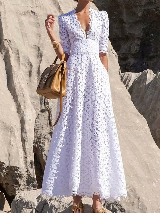 Women's Dress - Lace Dress Cutout Eyelet Pure Color Casual Dress Swing Dress Long Dress Maxi Dress White Half Sleeve Fall Spring V Neck Weekend 2023 S M L XL 2XL 3XL