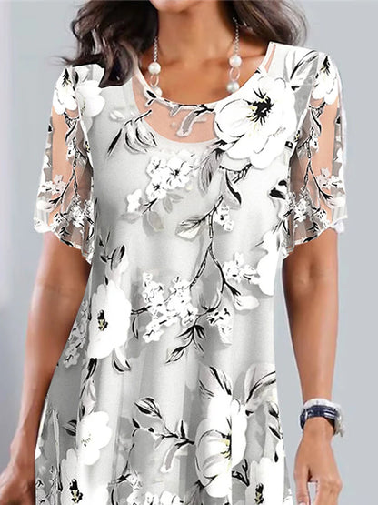 Women's Chiffon Chiffon Dress Floral Mesh Print Crew Neck Midi Dress Daily Vacation Short Sleeve Summer Spring