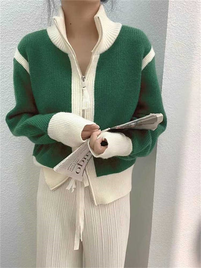 Women's Cardigan Sweater Stand Collar Ribbed Knit Knit Patchwork Zipper Fall Winter Regular Outdoor Daily Going out Stylish Casual Soft Long Sleeve Color Block Black White Green S M L