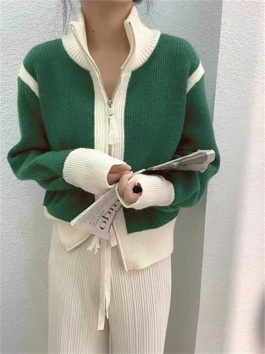 Women's Cardigan Sweater Stand Collar Ribbed Knit Knit Patchwork Zipper Fall Winter Regular Outdoor Daily Going out Stylish Casual Soft Long Sleeve Color Block Black White Green S M L