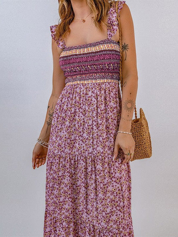 Waist Slimming Floral Print Square Neck Maxi Dress with Ruffled Backless Detail
