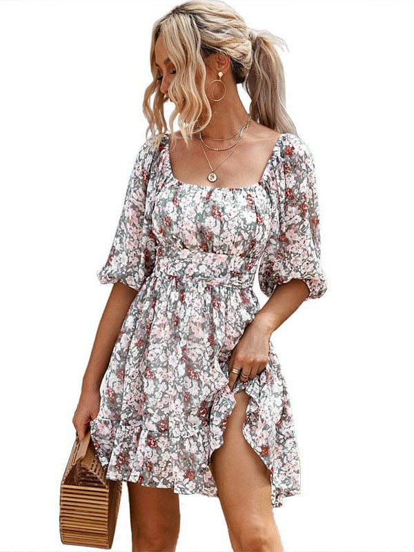 Waisted one-shoulder floral dress with lantern sleeves
