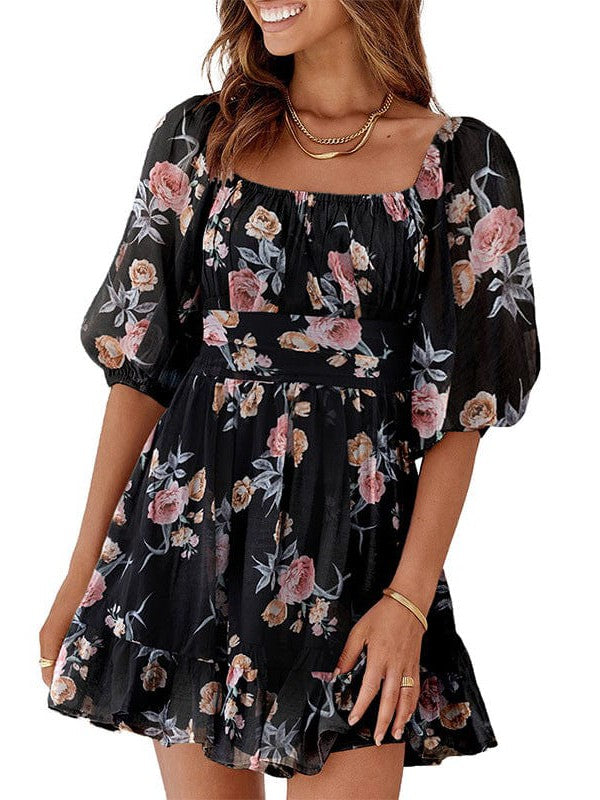 Waisted one-shoulder floral dress with lantern sleeves