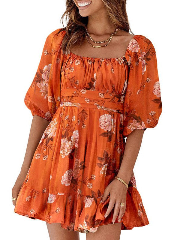 Waisted one-shoulder floral dress with lantern sleeves