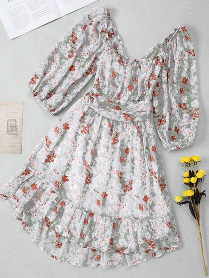 Waisted one-shoulder floral dress with lantern sleeves