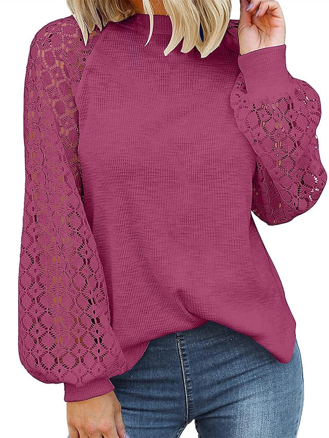 Women's Pullover Sweater Jumper Crew Neck Ribbed Knit Polyester Patchwork Summer Fall Outdoor Daily Going out Stylish Casual Soft Long Sleeve Solid Color Black Pink Navy Blue S M L