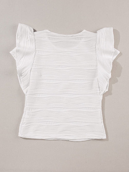 Wavy White Textured Ruffle Sleeve Blouse