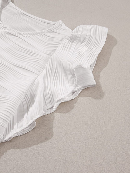 Wavy White Textured Ruffle Sleeve Blouse