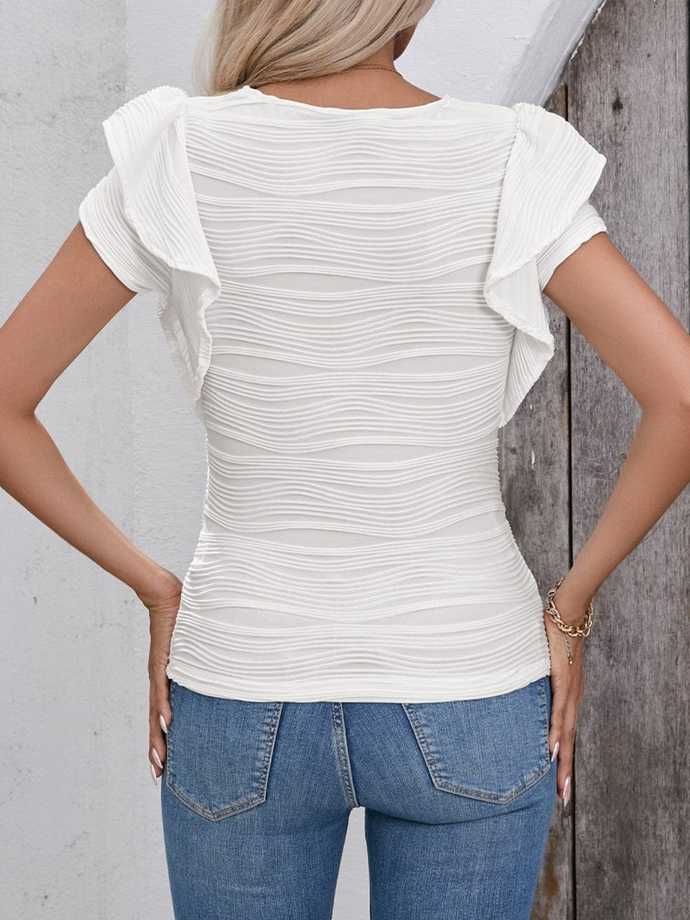 Wavy White Textured Ruffle Sleeve Blouse