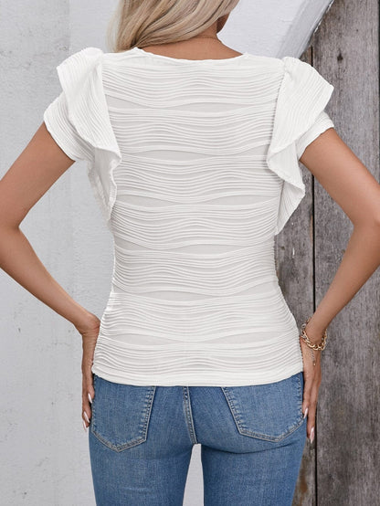 Wavy White Textured Ruffle Sleeve Blouse