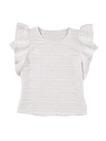 Wavy White Textured Ruffle Sleeve Blouse
