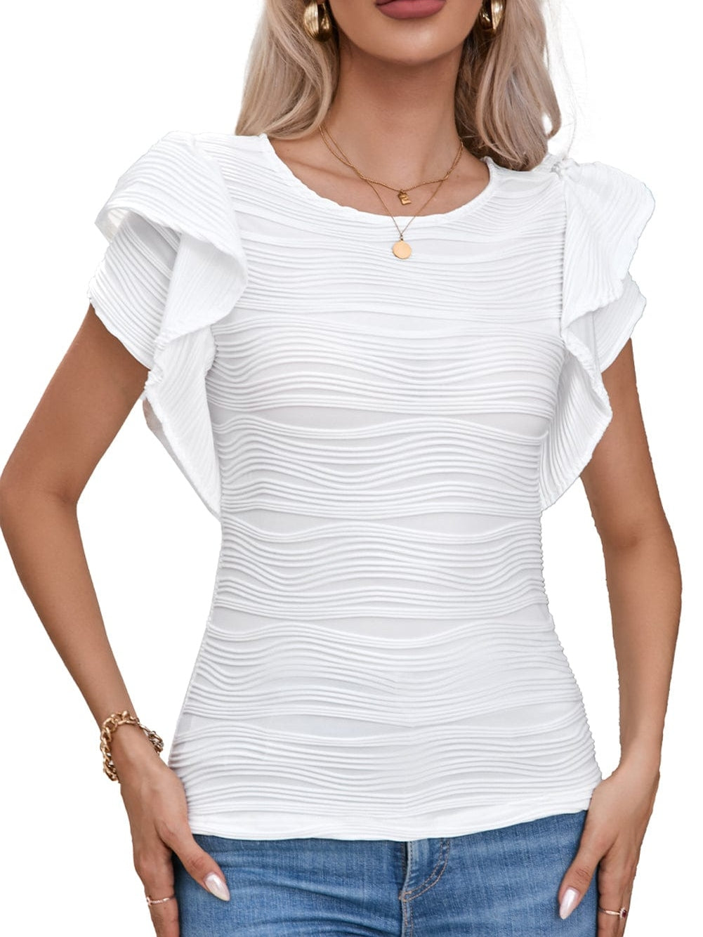 Wavy White Textured Ruffle Sleeve Blouse