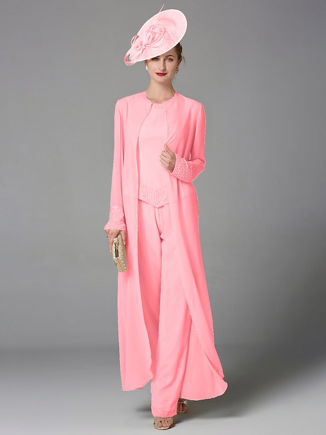 Jumpsuit / Pantsuit 3 Piece Mother of the Bride Dress Formal Plus Size Elegant Wrap Included Bateau Neck Floor Length Chiffon Sleeveless with Beading Appliques 2023 - LuckyFash™