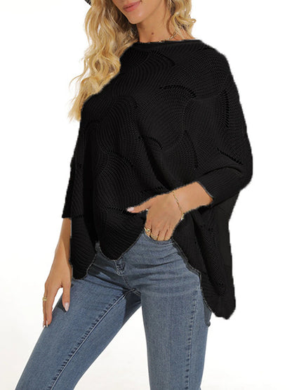 Women's Pullover Sweater Jumper Crew Neck Ribbed Knit Acrylic Hole Summer Spring Daily Going out Weekend Stylish Casual Soft 3/4 Length Sleeve Solid Color Black White Yellow S M L