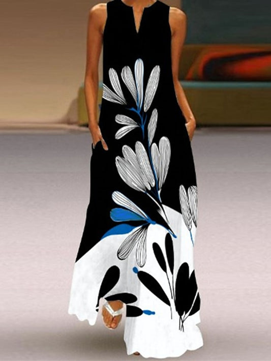 Women's Dress - A Line Dress Maxi long Dress Black Sleeveless Floral Leopard Print Summer V Neck Stylish 2023 5XL