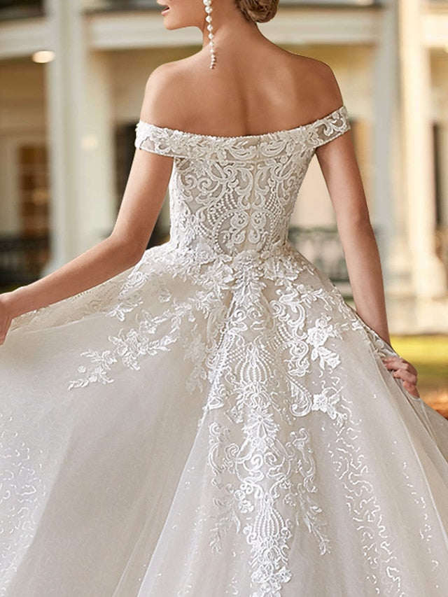 Engagement Formal Wedding Dresses Two Piece Off Shoulder Cap Sleeve Court Train Satin Bridal Gowns With Beading Appliques 2023 Summer Wedding Party, Women's Clothing - LuckyFash™