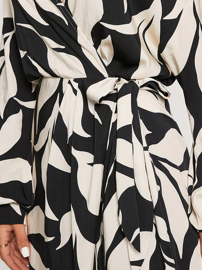 Leaf Floral Wrap Dress Tencel Midi Dress Black And White Print
