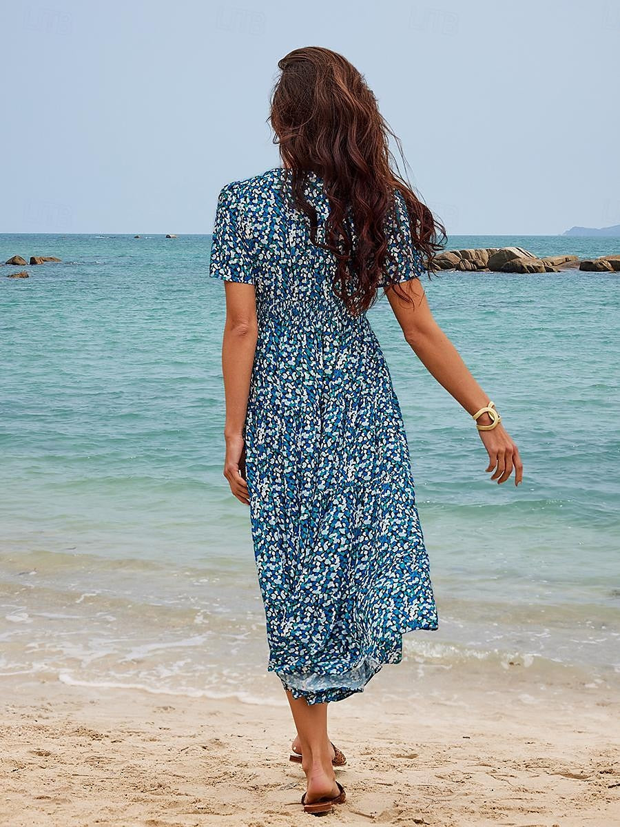 Women's Chiffon A Line Dress Ditsy Floral Tiered V Neck Maxi Dress Hawaiian Stylish Vacation Short Sleeve Summer