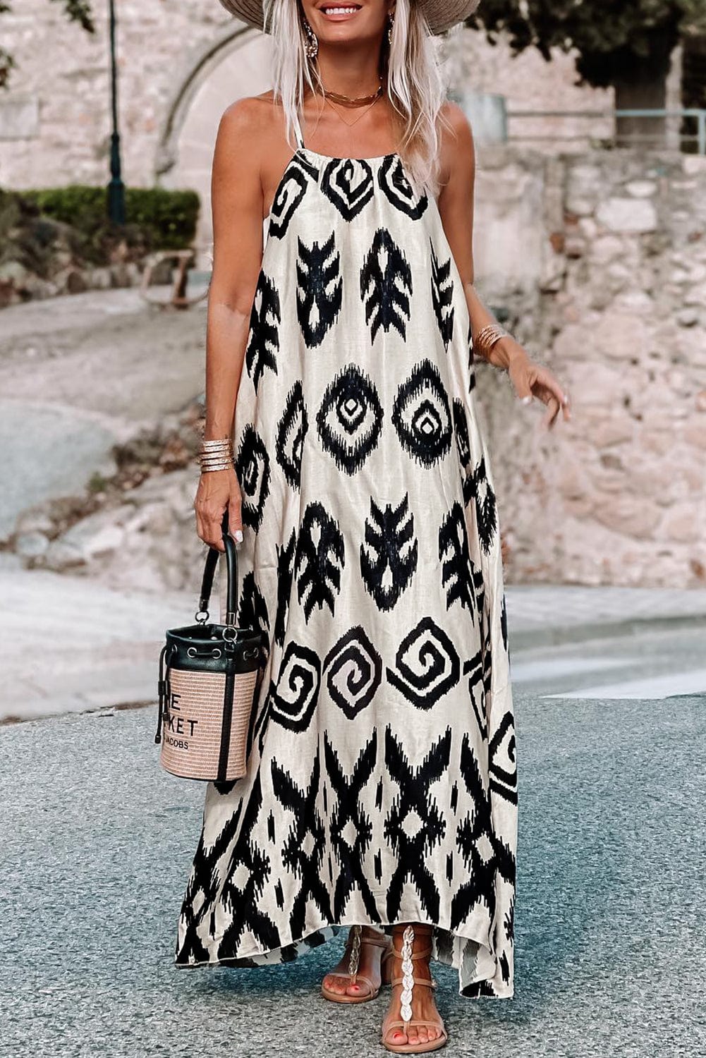Western Black Aztec Print Maxi Sundress for Summer Vacations