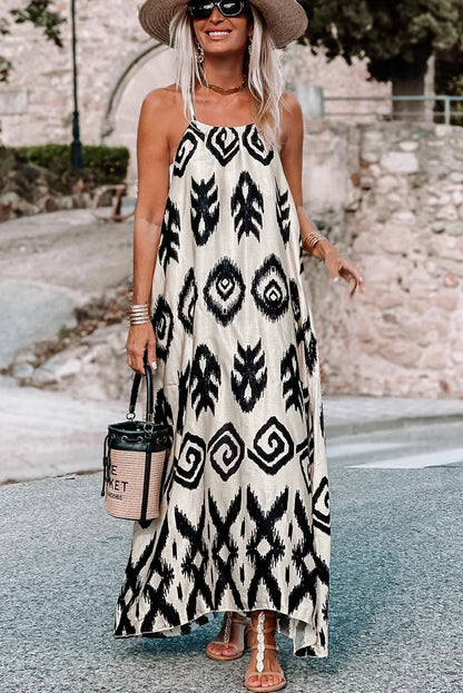 Western Black Aztec Print Maxi Sundress for Summer Vacations