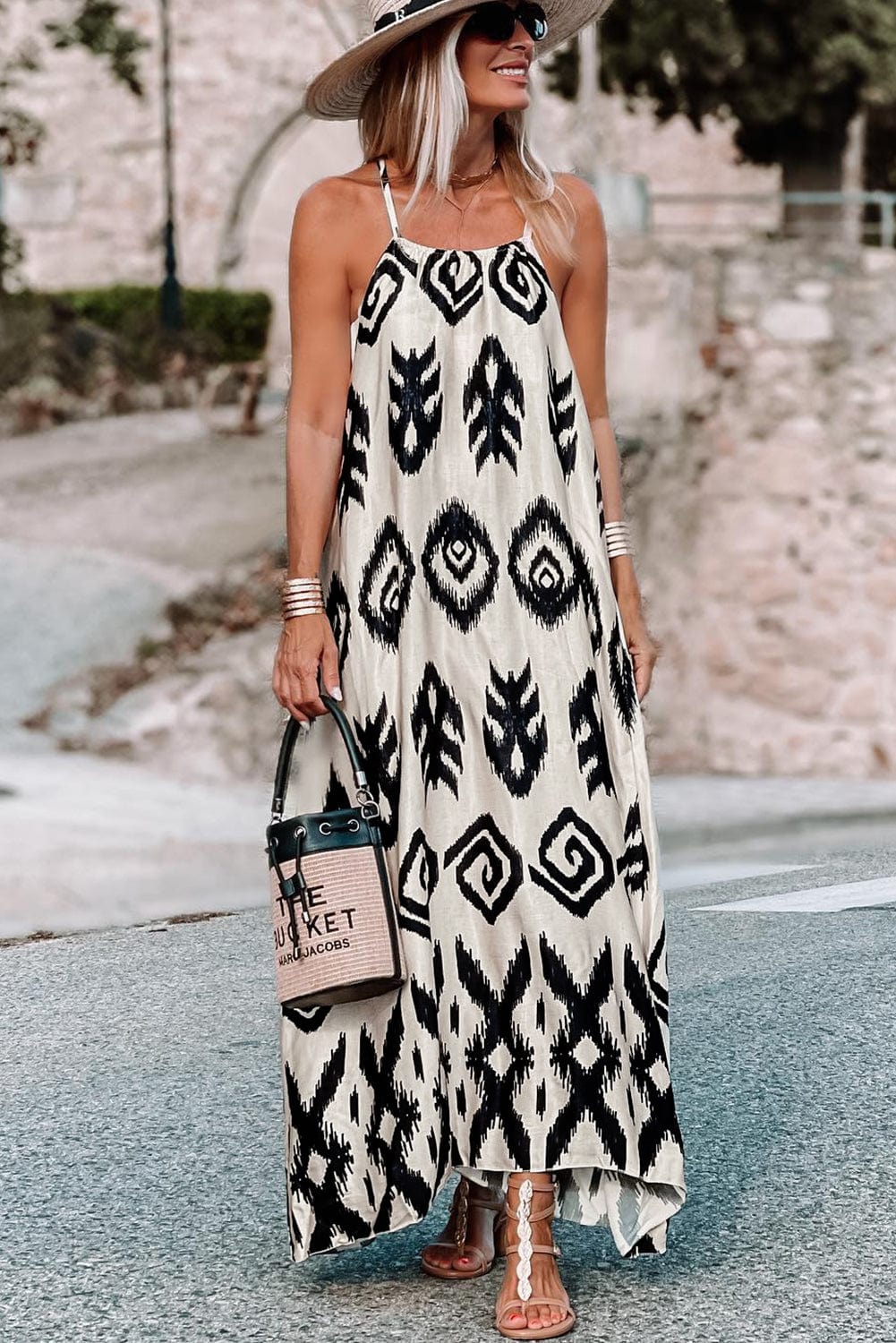 Western Black Aztec Print Maxi Sundress for Summer Vacations