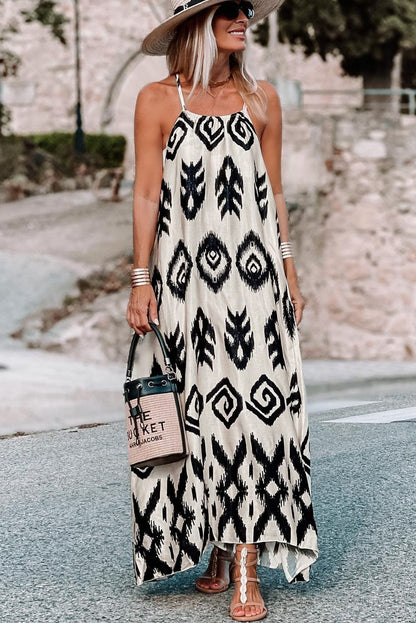 Western Black Aztec Print Maxi Sundress for Summer Vacations