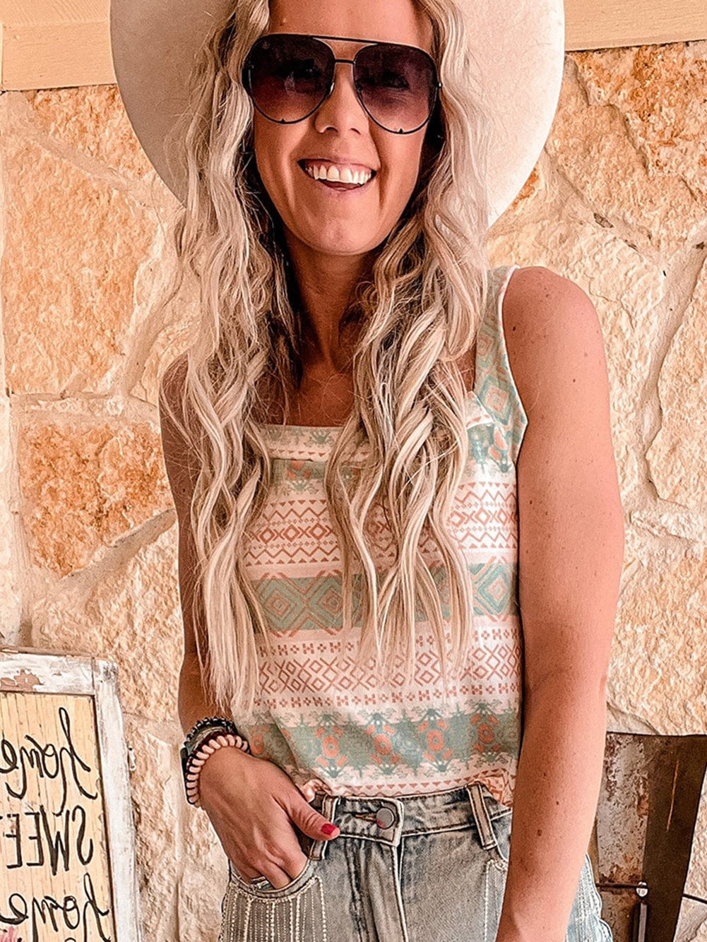 Western Style White Aztec Print Tie Back Tank Top