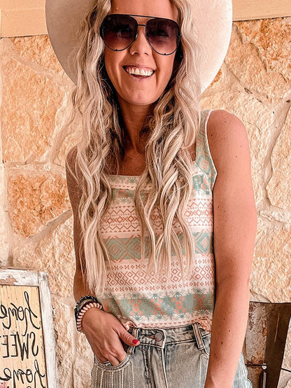 Western Style White Aztec Print Tie Back Tank Top