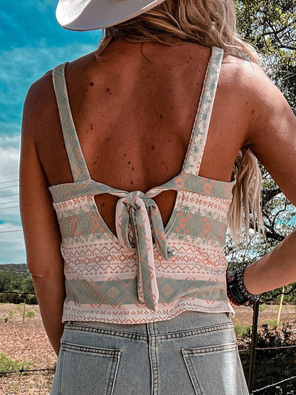 Western Style White Aztec Print Tie Back Tank Top