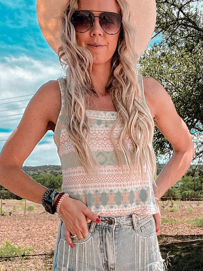 Western Style White Aztec Print Tie Back Tank Top