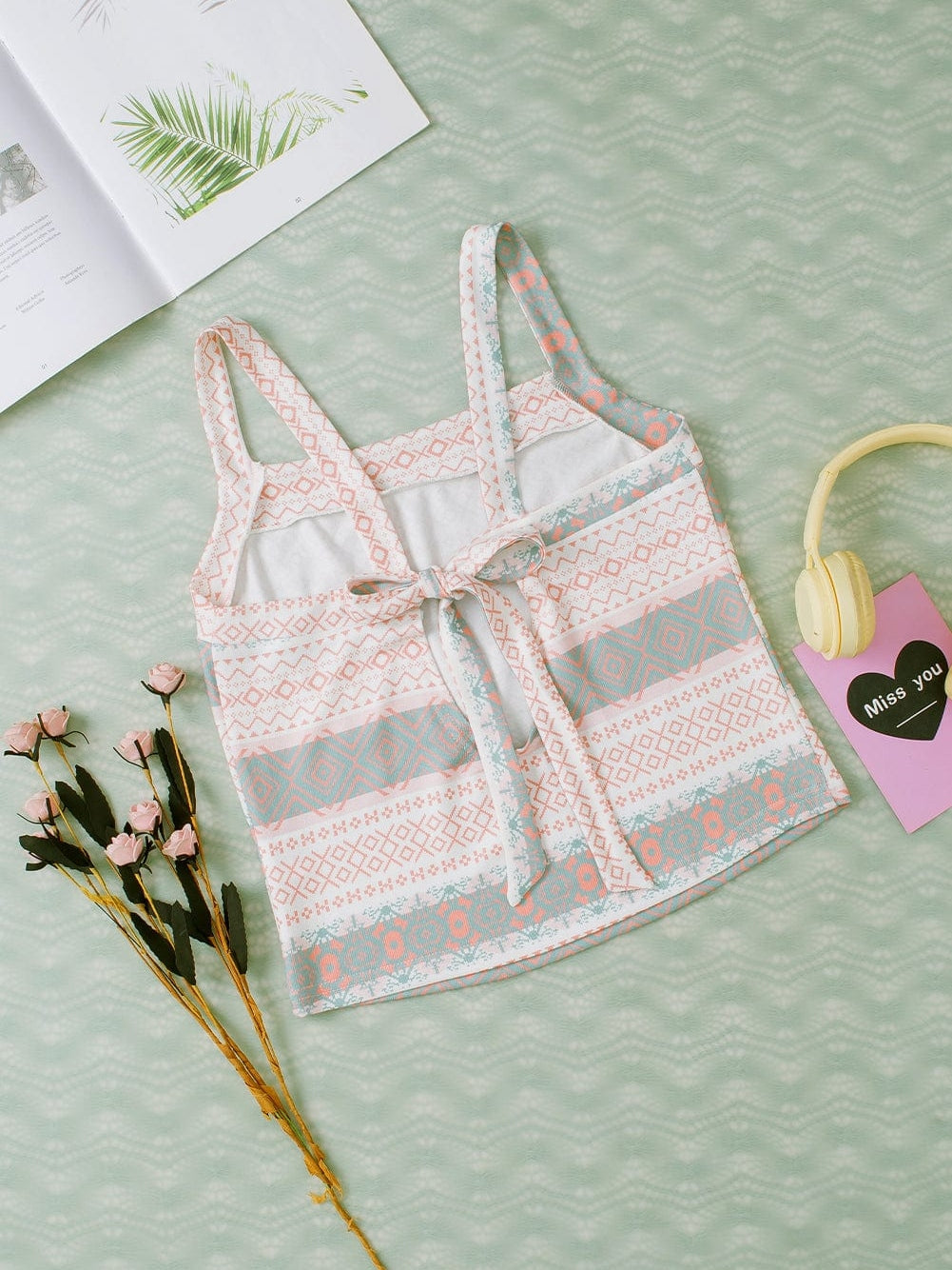 Western Style White Aztec Print Tie Back Tank Top