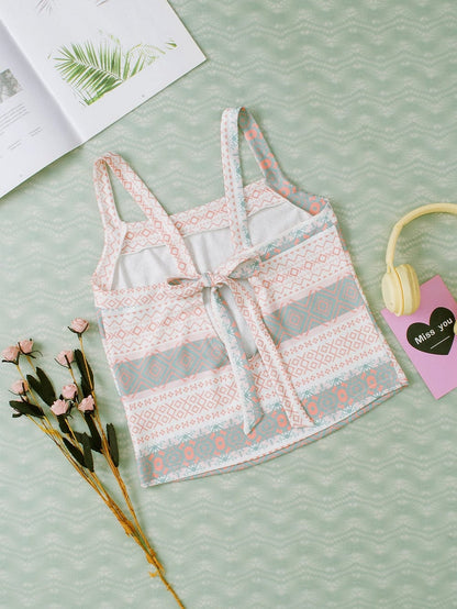 Western Style White Aztec Print Tie Back Tank Top