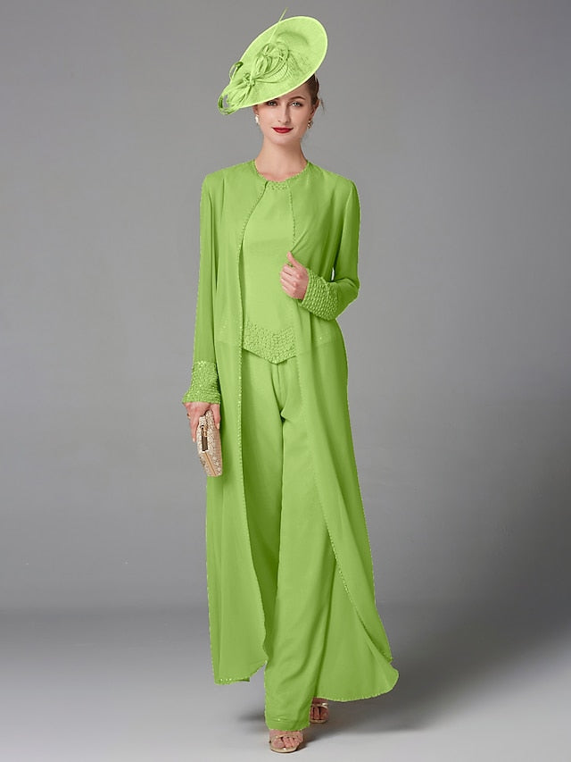 Jumpsuit / Pantsuit 3 Piece Mother of the Bride Dress Formal Plus Size Elegant Wrap Included Bateau Neck Floor Length Chiffon Sleeveless with Beading Appliques 2023 - LuckyFash™