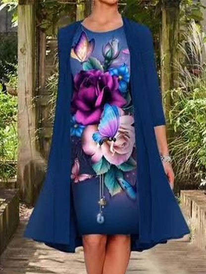 Women's Dress - Two Piece Dress Set Shift Dress Chiffon Dress Daily Going out Casual Print Midi Dress Crew Neck 3/4 Length Sleeve Floral Regular Fit Navy Blue Light Purple Purple Summer Spring M L XL XXL XXXL