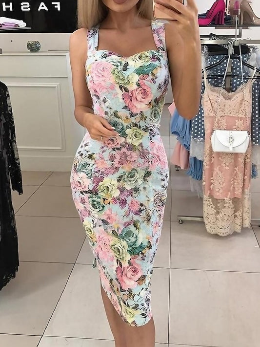 Women's Dress - Party Dress Bodycon Sheath Dress Midi Dress Pink Sleeveless Floral Print Summer Spring Spaghetti Strap Party Wedding Guest Vacation Summer Dress Slim 2023 S M L XL 2XL 3XL