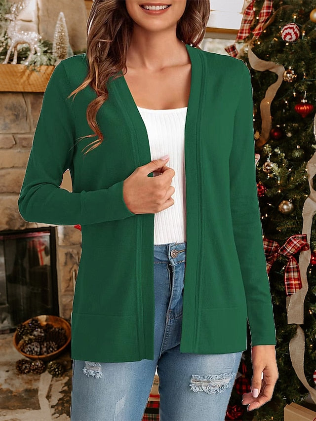 Women's Knitted Cardigan Coat Classic V Neck Long Sleeve Open Front Sweater Fall Solid Color  Cardigans Wine S M L