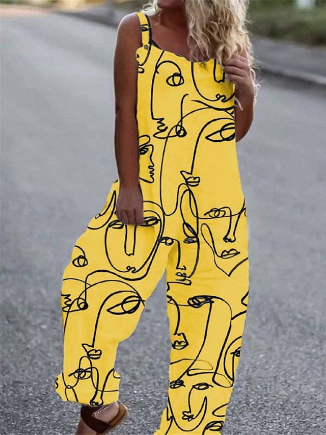 Jumpsuits for Women Summer Overall Pocket Print Floral Square Neck Streetwear Daily Vacation Regular Fit Sleeveless Black White Yellow S M L Summer - LuckyFash™