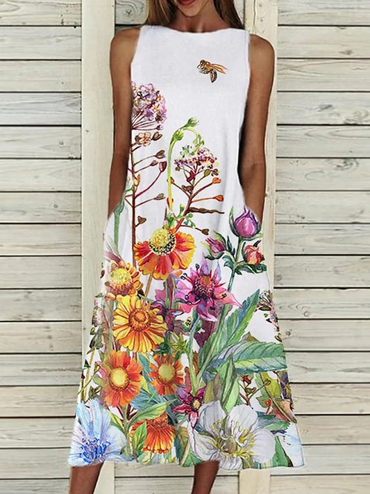 Women's Dress - A Line Dress Midi Dress Sleeveless Floral Pocket Cold Shoulder Print Spring Summer Round Neck Casual Vintage Going out 2023 S M L XL XXL Cotton